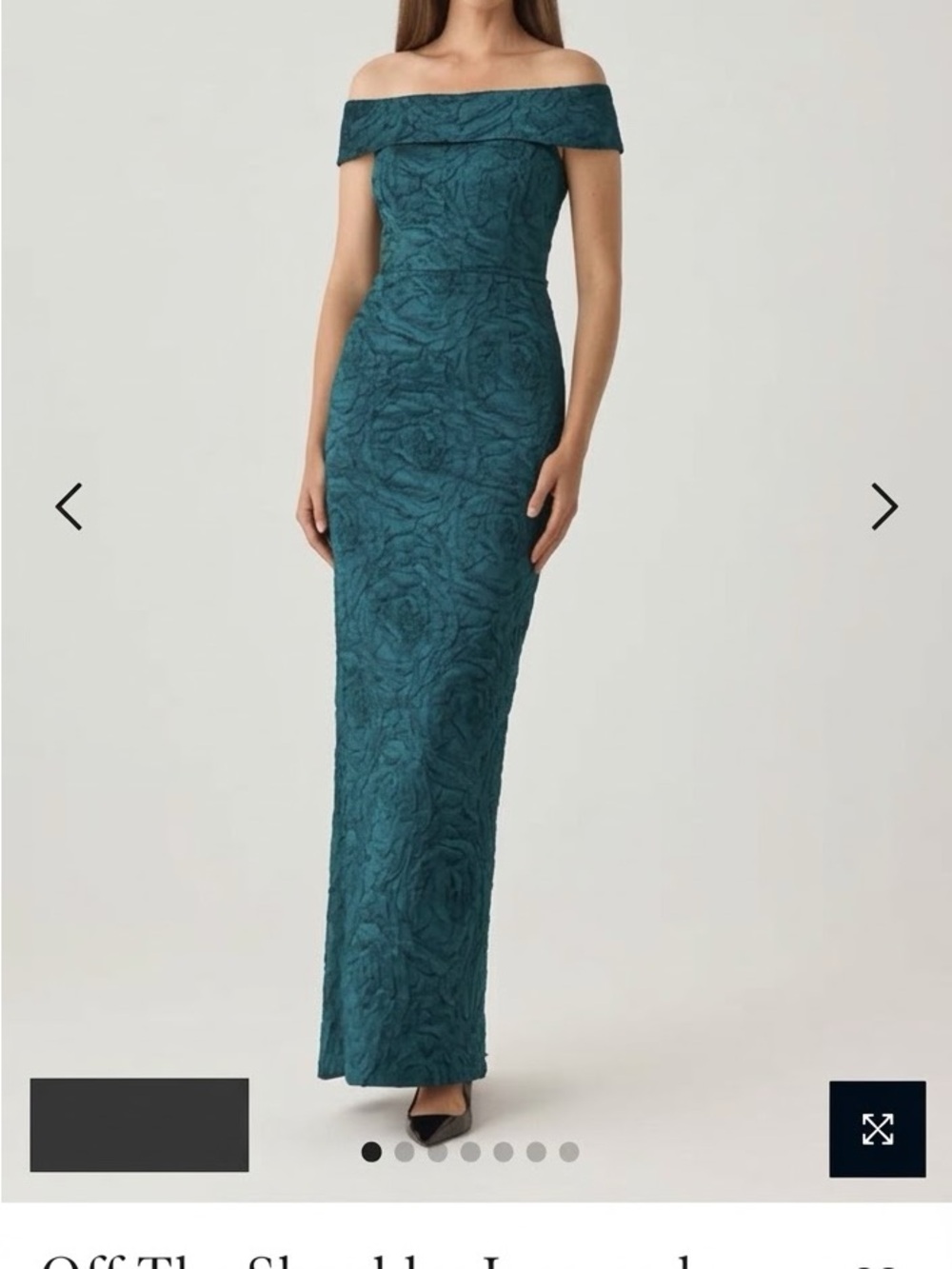 Teri Jon Teal Off-the-Shoulder Embossed Column Gown